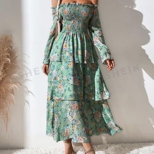 Off the shoulder green ruffle dress